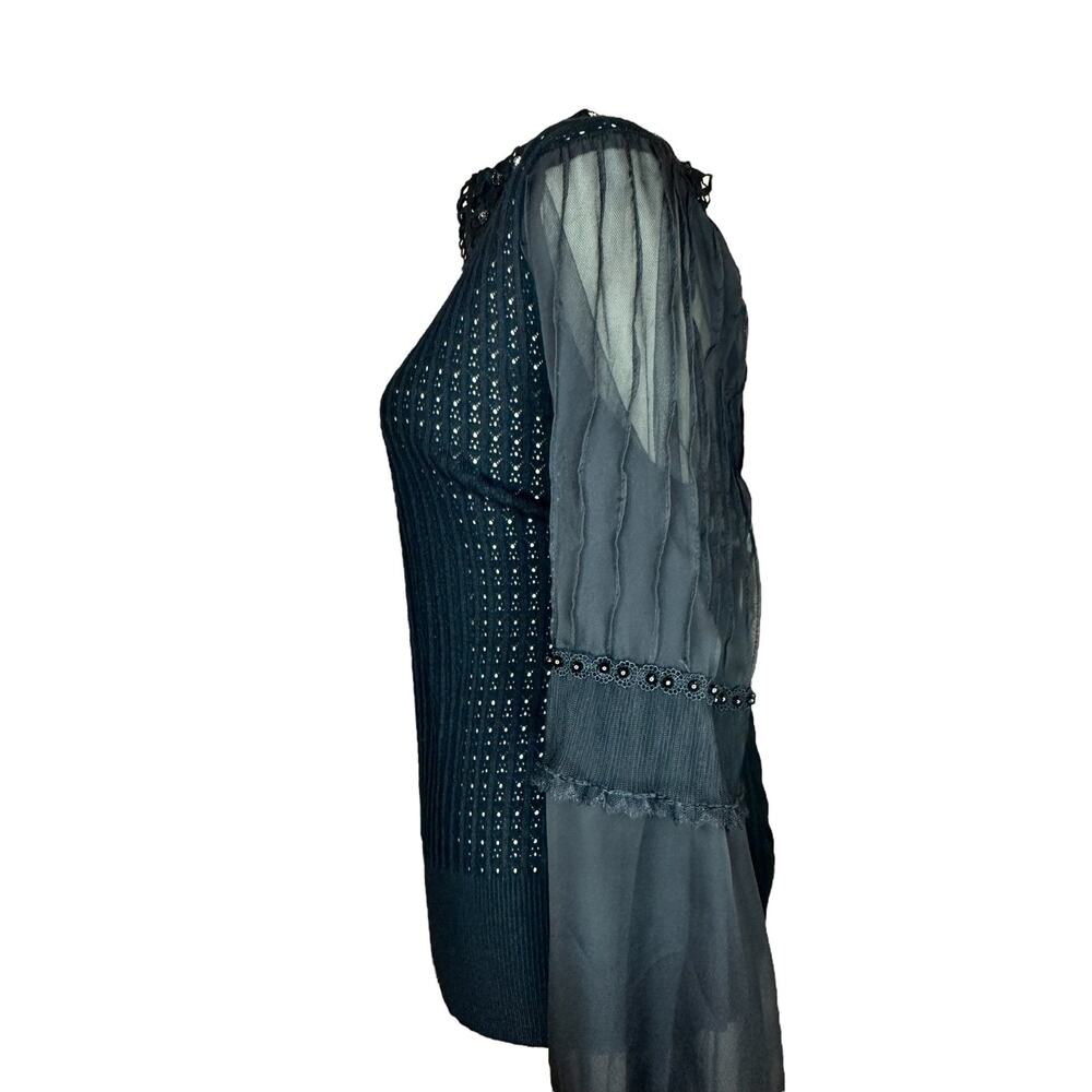 AZI Jeans Women's Size L Black Dressy Sweater Sheer Puff Sleeves Pearls NWT - Picture 2 of 2
